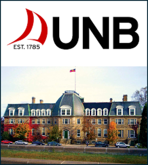 A photo of the main academic building at UNB with their logo